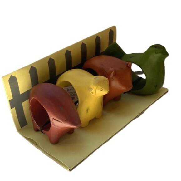 Pier 1 Imports Farm Animals Country Kitchen Wood Napkin Ring Holder Set of 4 NEW - Picture 1 of 15